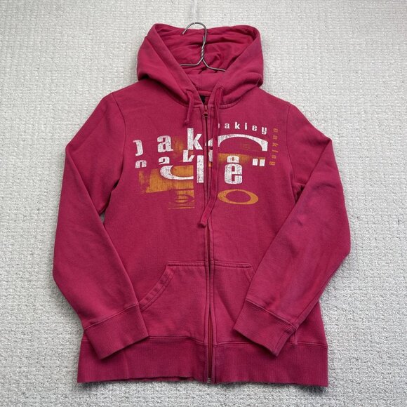 Retro Y2K Oakley Women's Full Zip Hoodie Pink Big Graphic Size XS Stained, read* - Picture 1 of 16